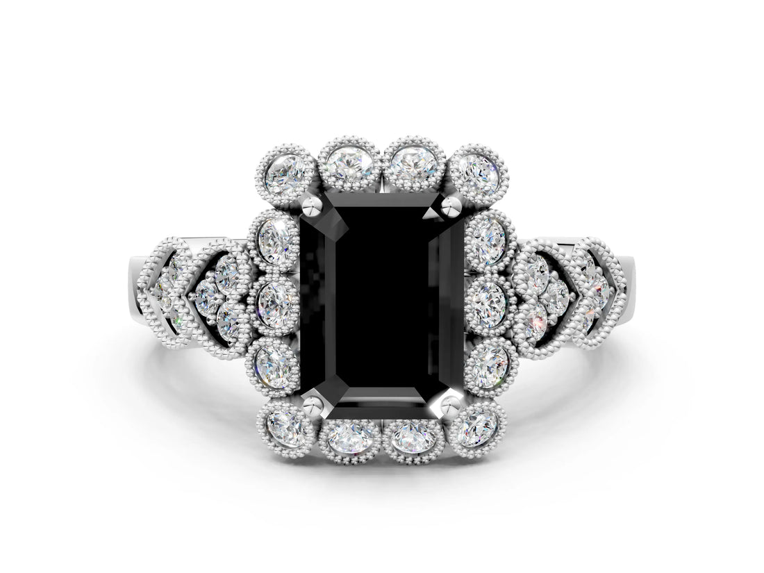 White gold Fancy Black Emerald Cut Brilliant Milgrain Pave Heart Band Solitaire Ring_24