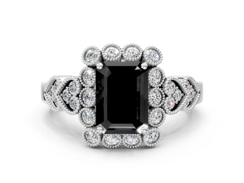 White gold Fancy Black Emerald Cut Brilliant Milgrain Pave Heart Band Solitaire Ring_24
