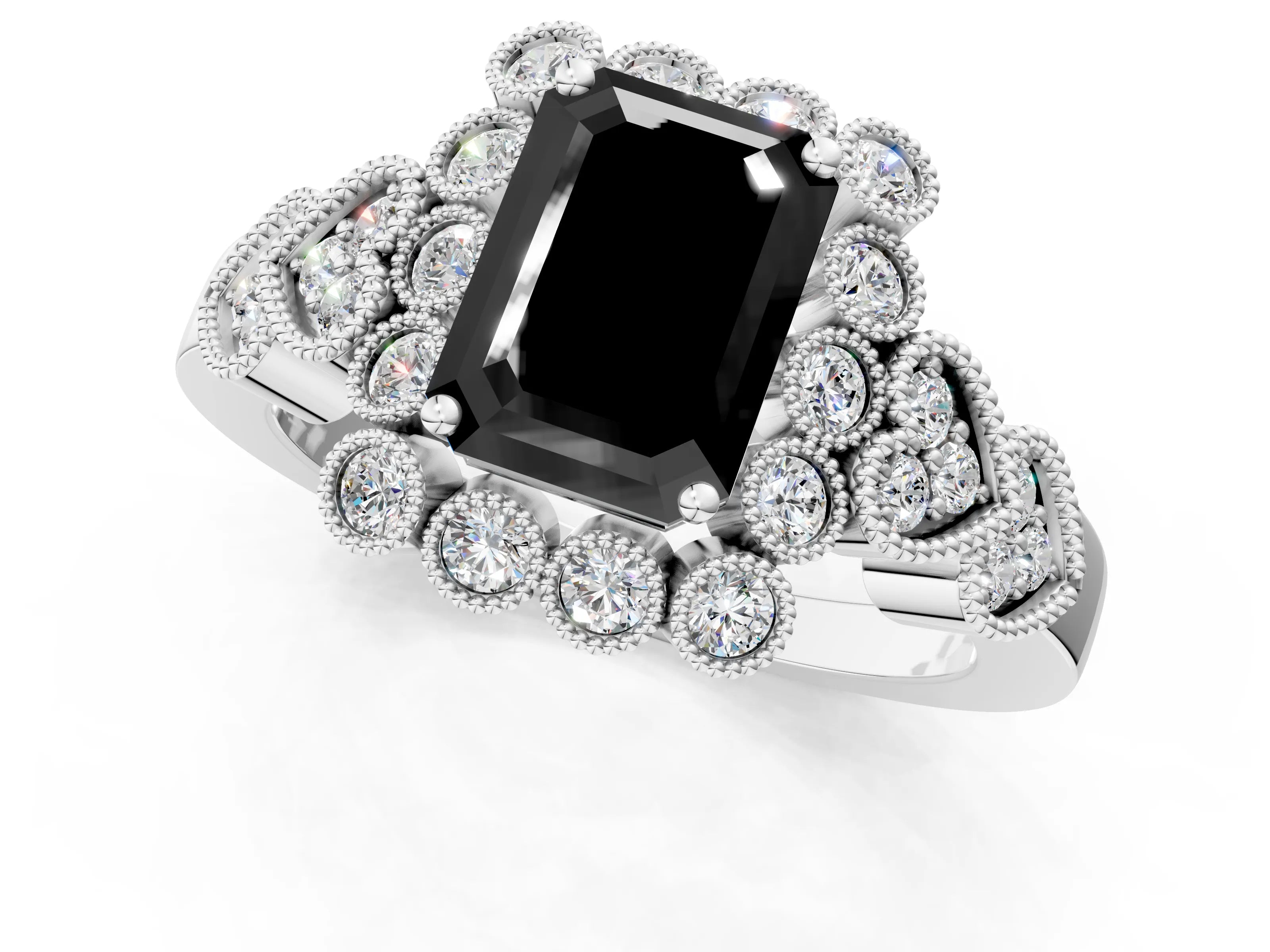White gold Fancy Black Emerald Cut Brilliant Milgrain Pave Heart Band Solitaire Ring_25