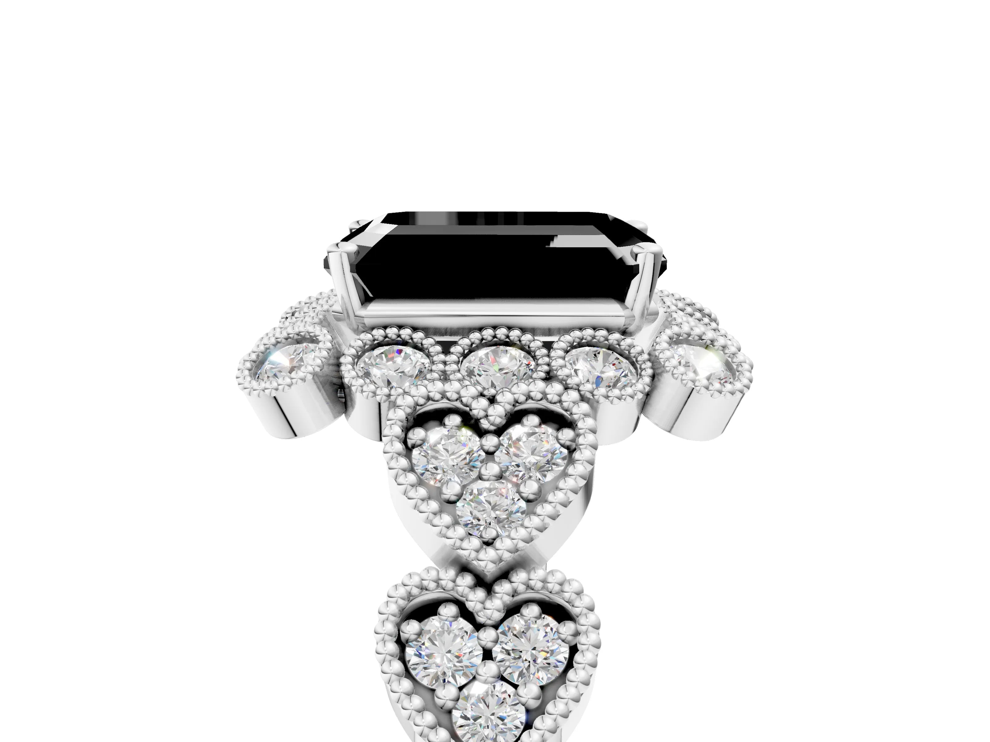 White gold Fancy Black Emerald Cut Brilliant Milgrain Pave Heart Band Solitaire Ring_29