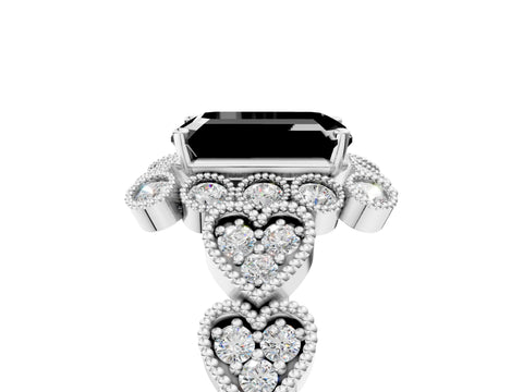 White gold Fancy Black Emerald Cut Brilliant Milgrain Pave Heart Band Solitaire Ring_29