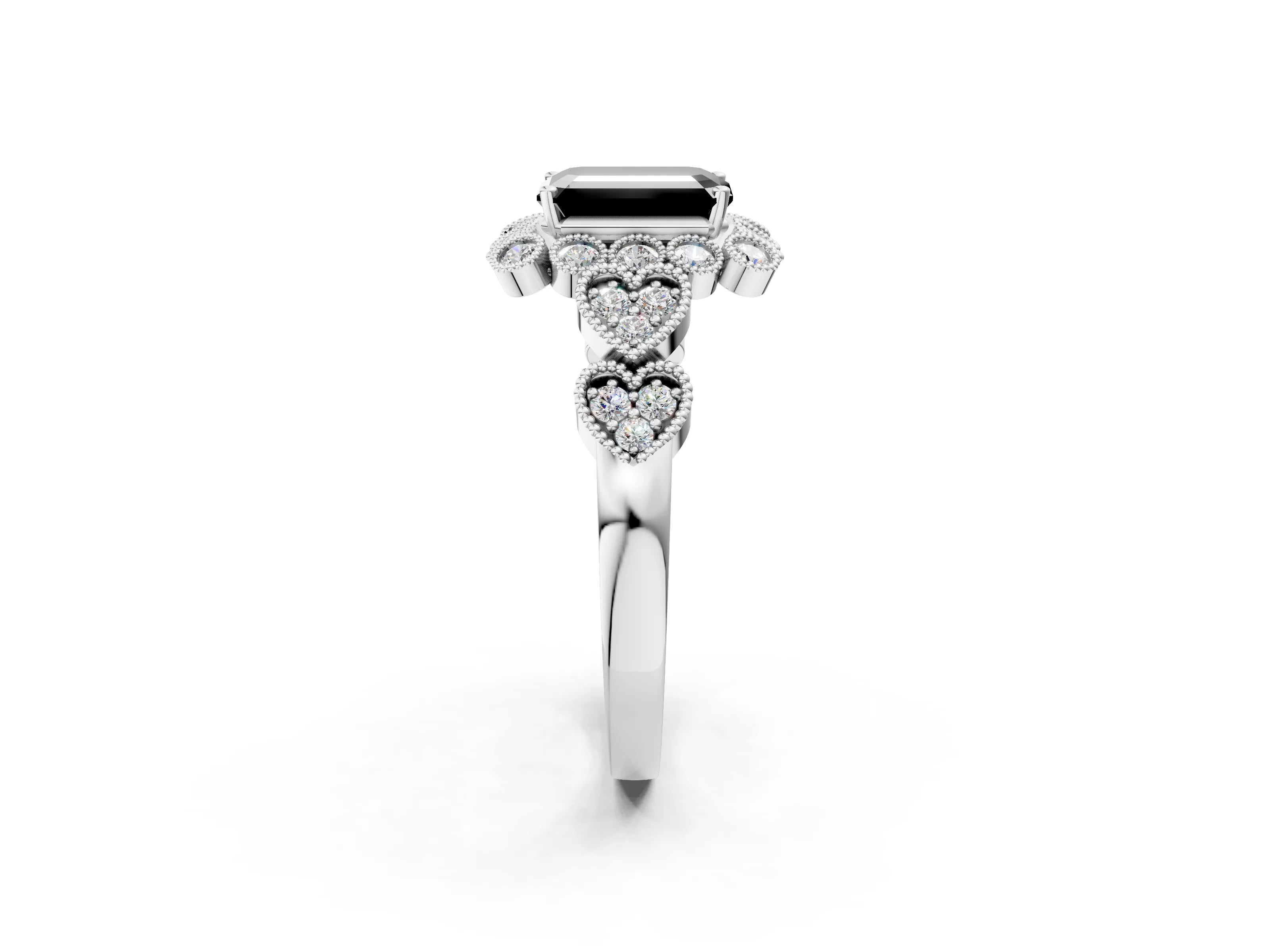 White gold Fancy Black Emerald Cut Brilliant Milgrain Pave Heart Band Solitaire Ring_2