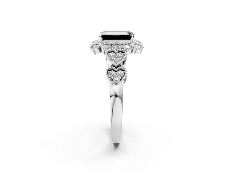 White gold Fancy Black Emerald Cut Brilliant Milgrain Pave Heart Band Solitaire Ring_2