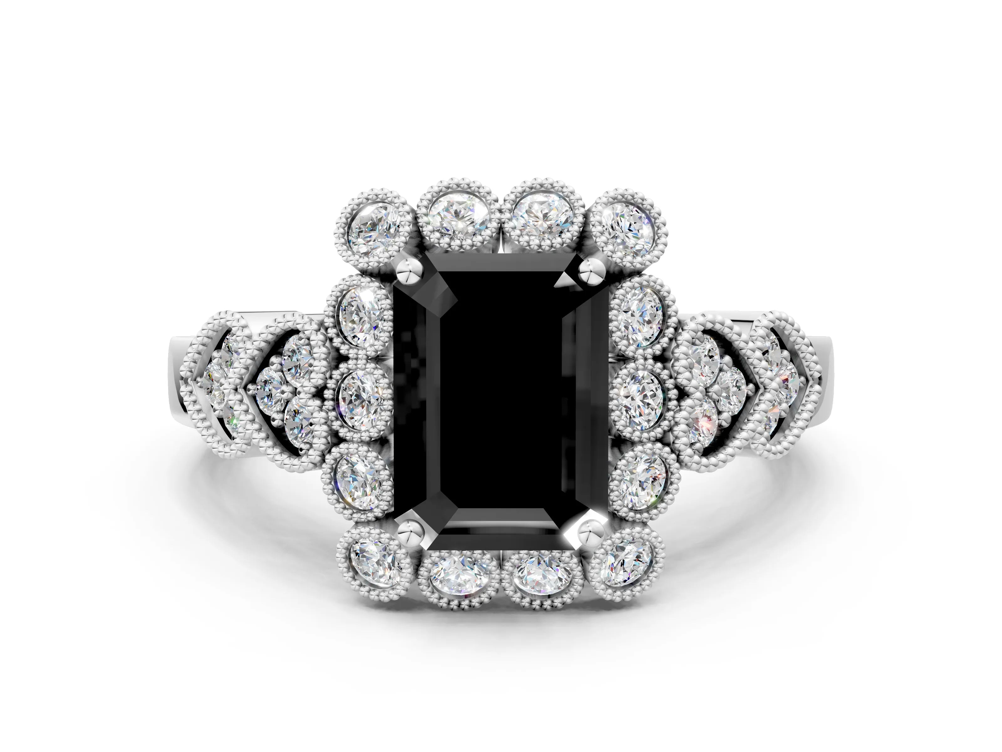 White gold Fancy Black Emerald Cut Brilliant Milgrain Pave Heart Band Solitaire Ring_36