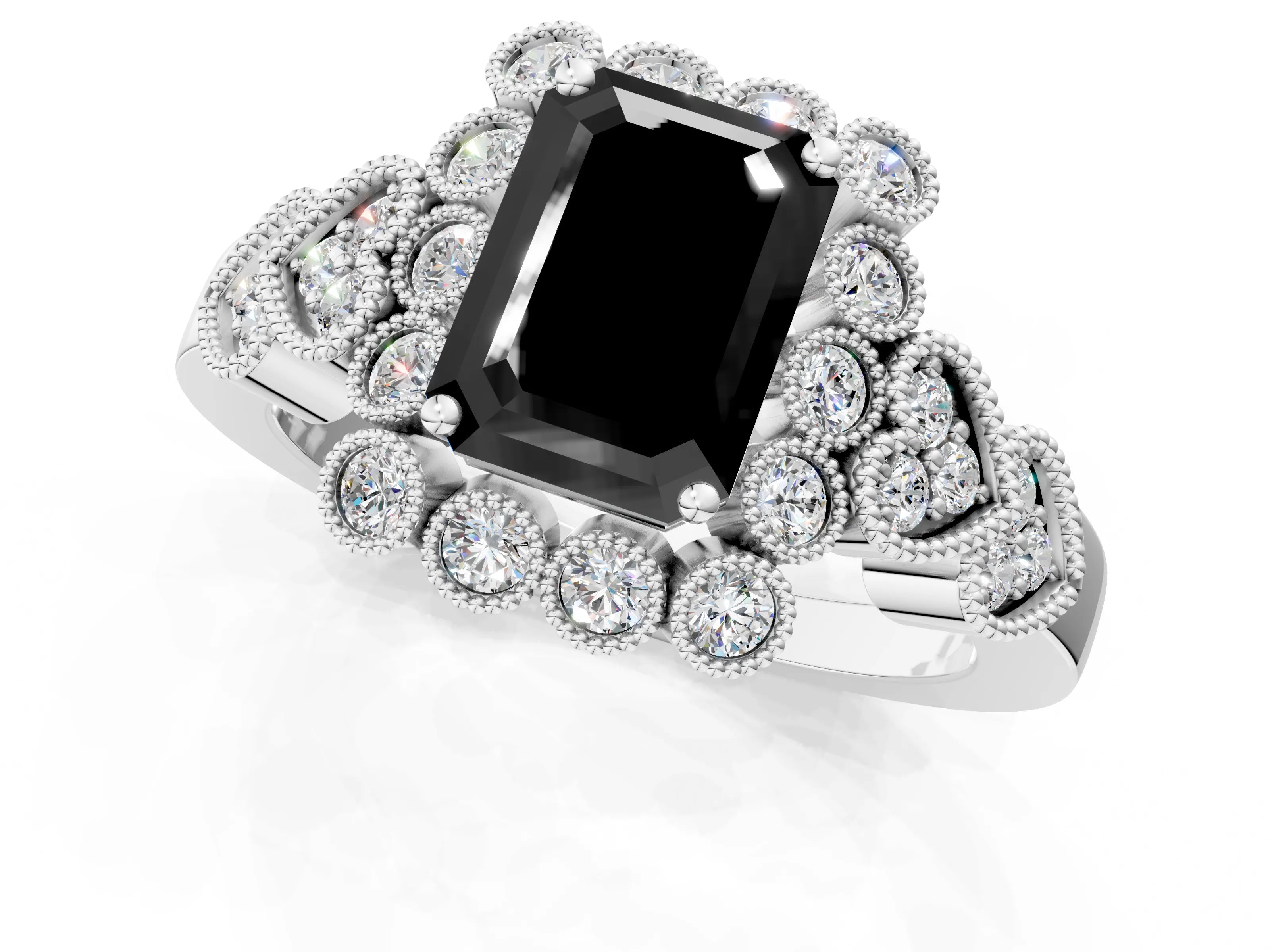 White gold Fancy Black Emerald Cut Brilliant Milgrain Pave Heart Band Solitaire Ring_37
