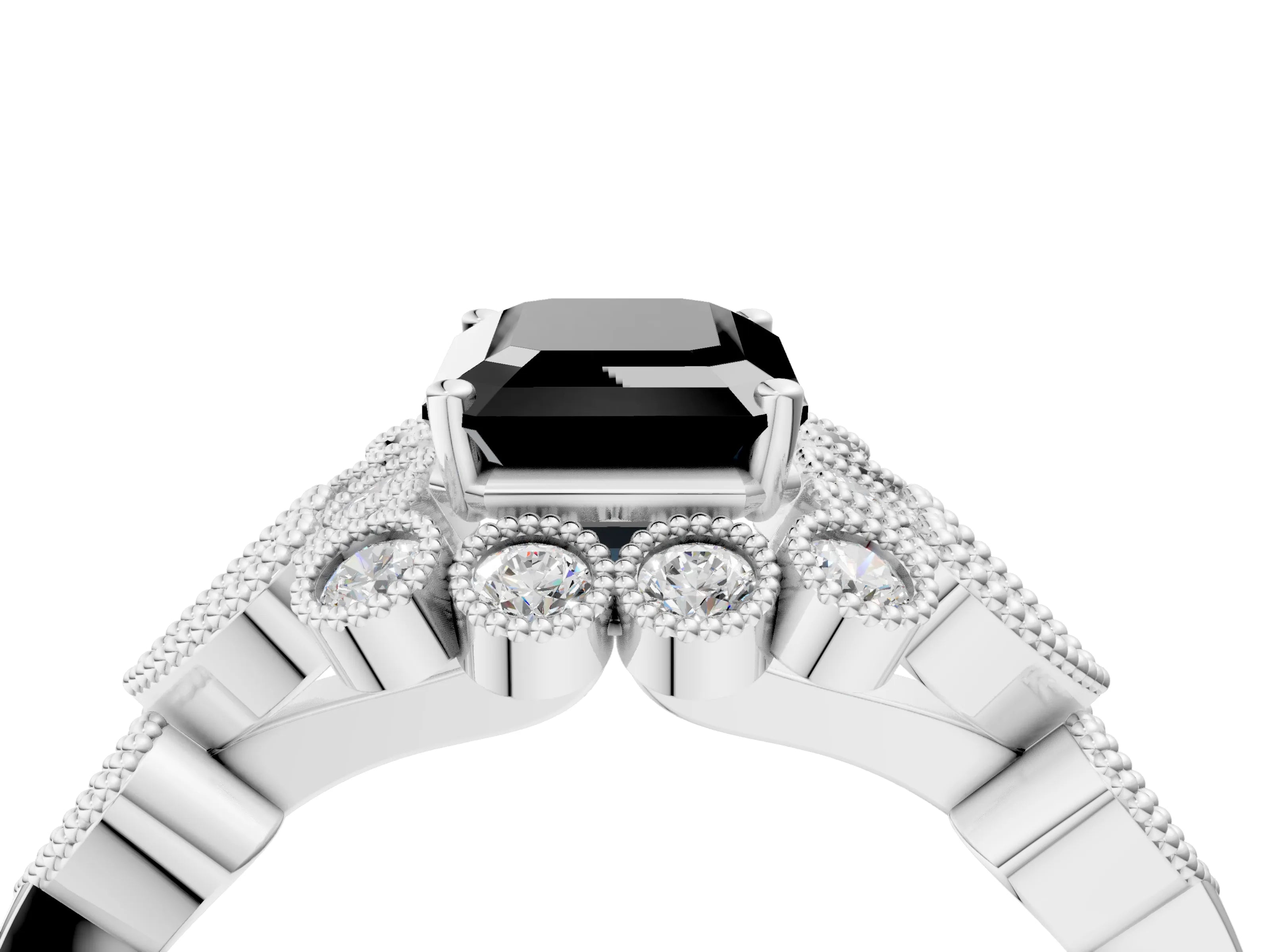 White gold Fancy Black Emerald Cut Brilliant Milgrain Pave Heart Band Solitaire Ring_4