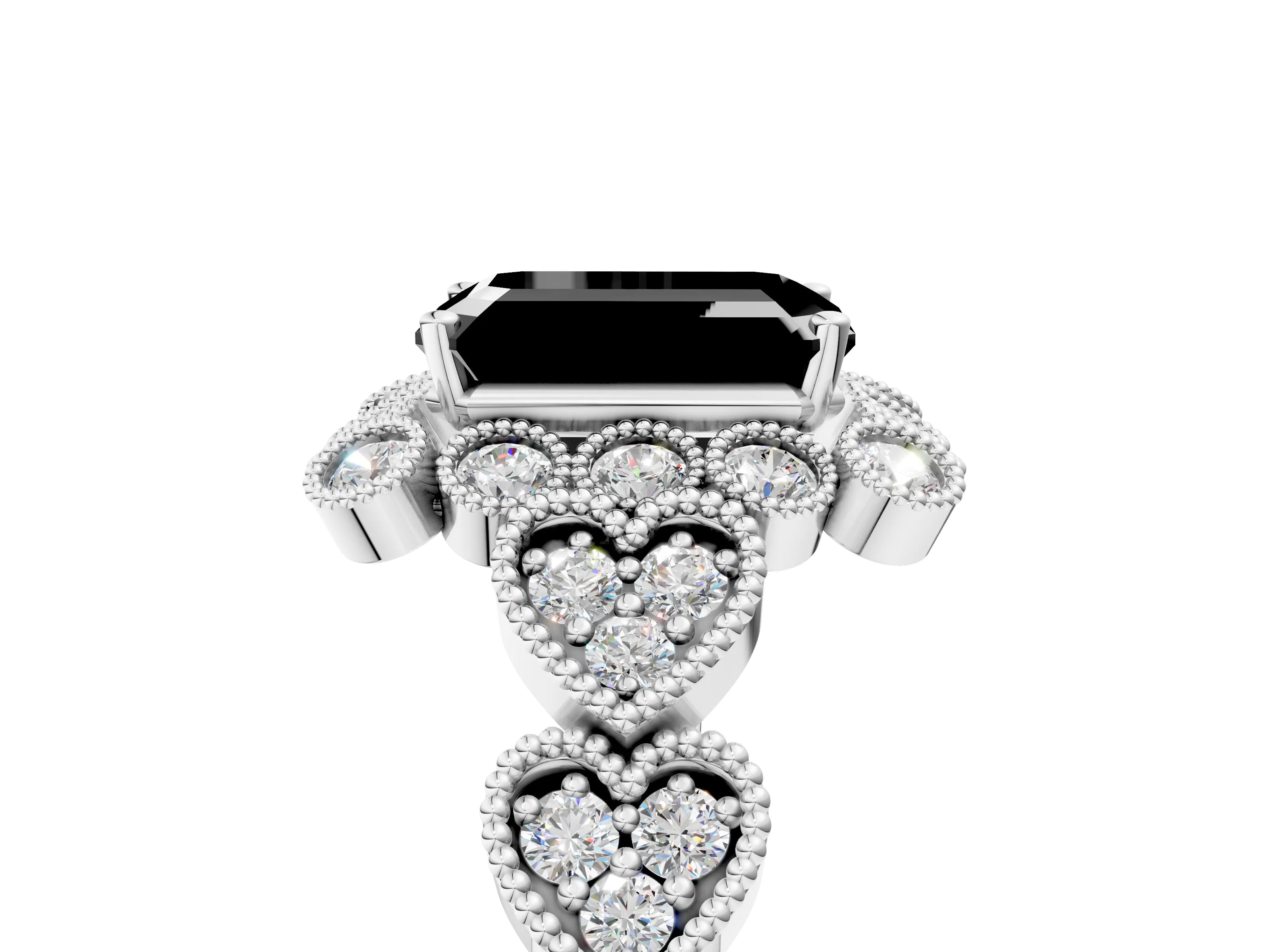 White gold Fancy Black Emerald Cut Brilliant Milgrain Pave Heart Band Solitaire Ring_41