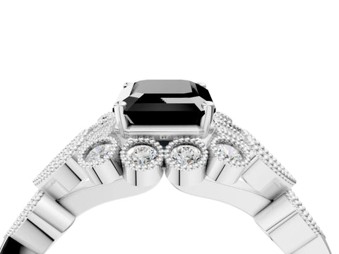 White gold Fancy Black Emerald Cut Brilliant Milgrain Pave Heart Band Solitaire Ring_4