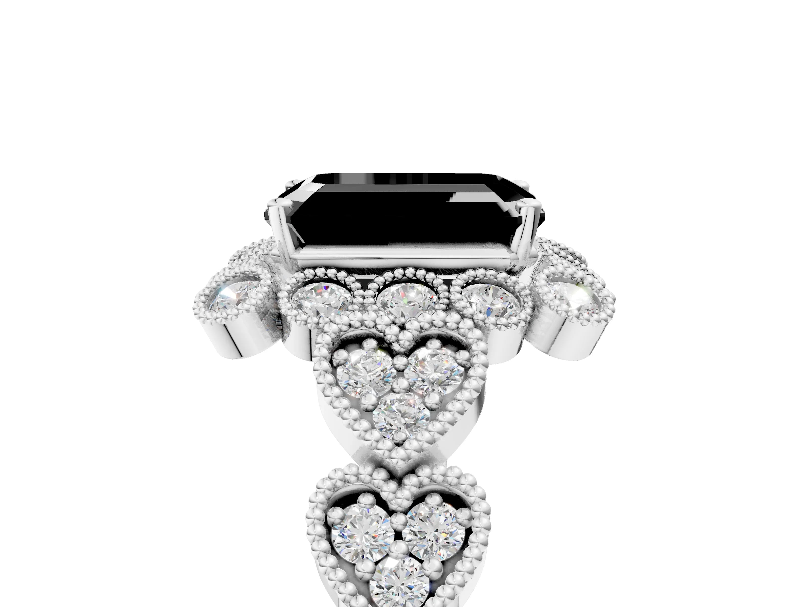 White gold Fancy Black Emerald Cut Brilliant Milgrain Pave Heart Band Solitaire Ring_5