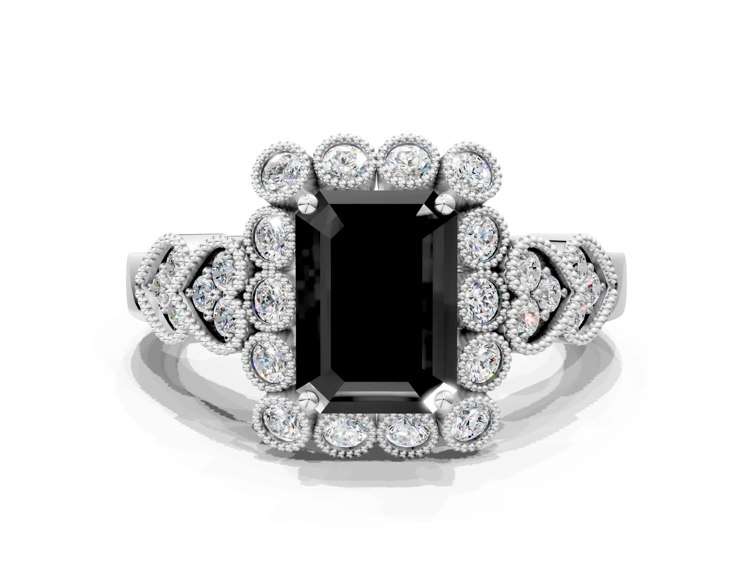 White gold Fancy Black Emerald Cut Brilliant Milgrain Pave Heart Band Solitaire Ring