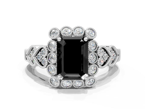 White gold Fancy Black Emerald Cut Brilliant Milgrain Pave Heart Band Solitaire Ring