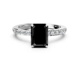 White gold Fancy Black Emerald Cut Brilliant Pavé Band Solitaire with Four-Prong Setting