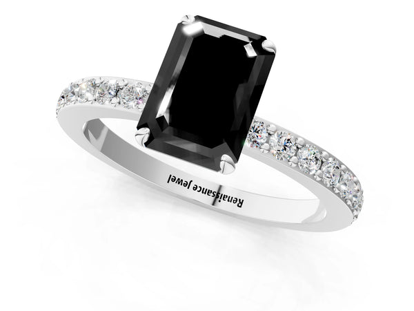 Platinum Emerald Cut Hidden Halo Solitaire Engagement Ring Setting for Black Center with Pave Band