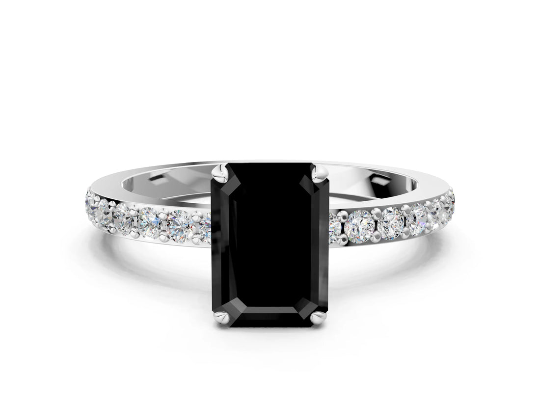 White gold Fancy Black Emerald Cut Brilliant Pavé Band Solitaire with Four-Prong Setting
