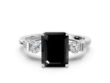 White gold Fancy Black Emerald Cut Brilliant Three-Stone Pave Band with Four-Prong Setting