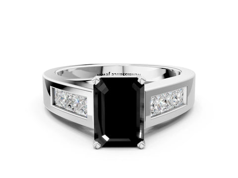 White gold Fancy Black Emerald Cut Cut Channel Set Solitaire Ring with Four-Prong Setting