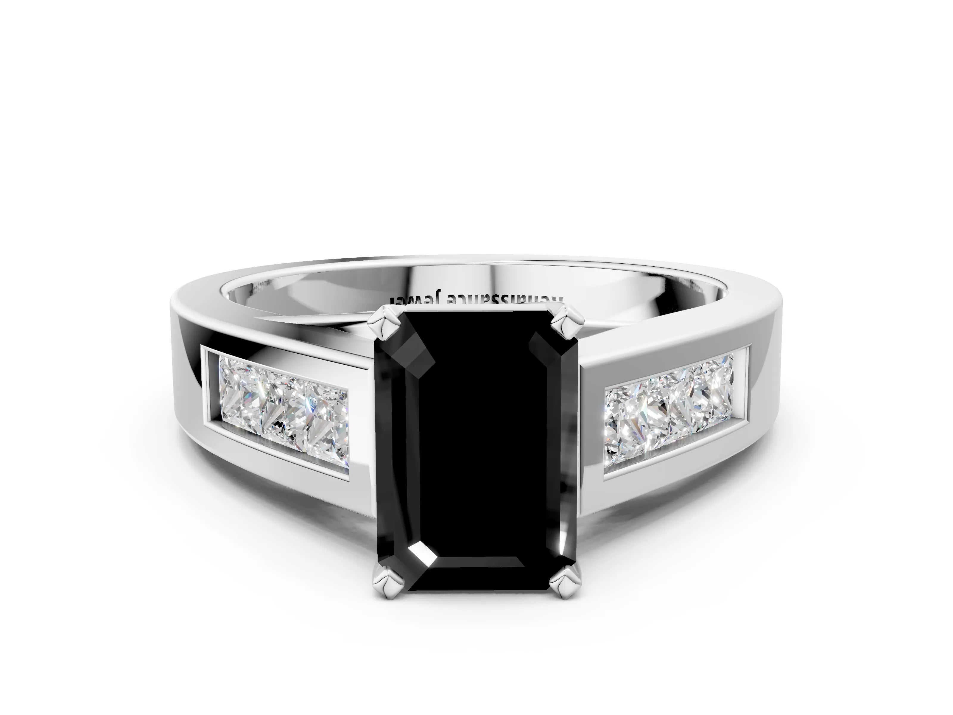 White gold Fancy Black Emerald Cut Cut Channel Set Solitaire Ring with Four-Prong Setting_12