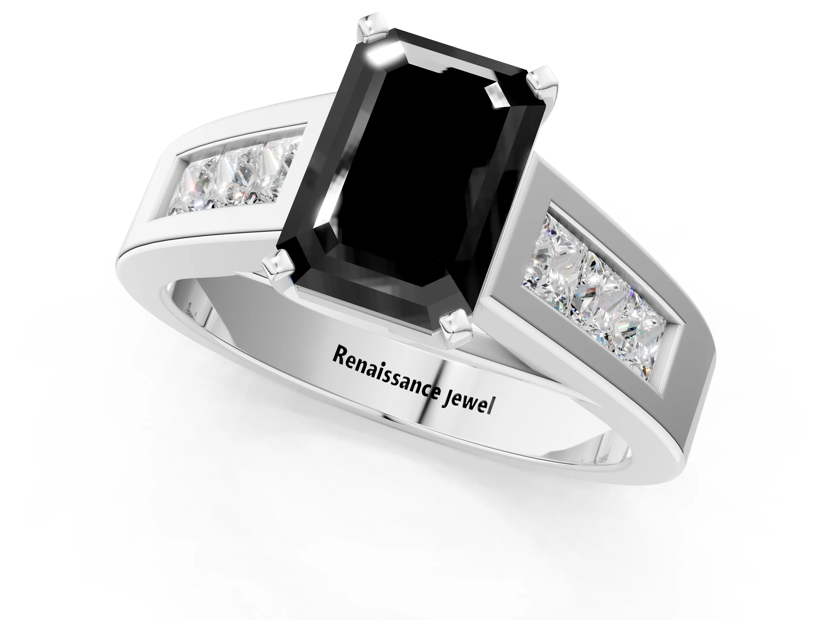 White gold Fancy Black Emerald Cut Cut Channel Set Solitaire Ring with Four-Prong Setting_13