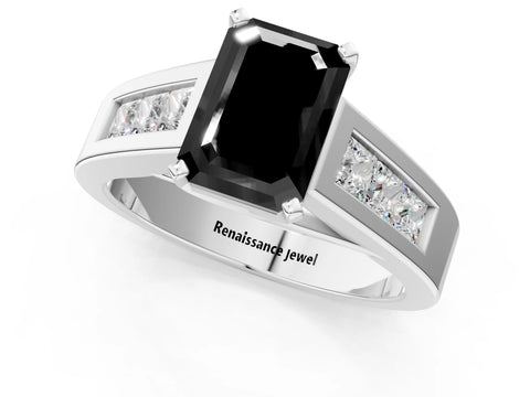 White gold Fancy Black Emerald Cut Cut Channel Set Solitaire Ring with Four-Prong Setting_13
