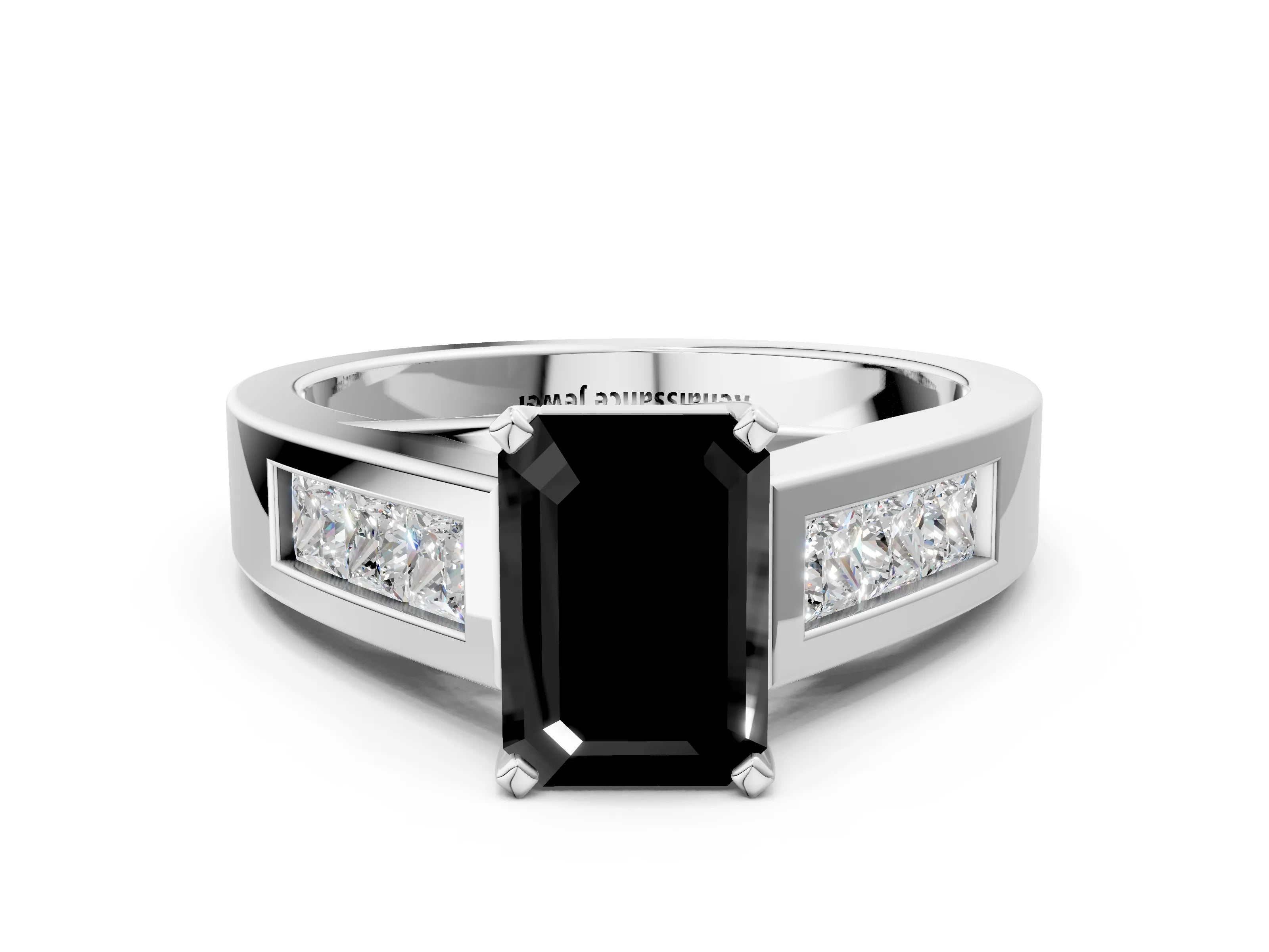 White gold Fancy Black Emerald Cut Cut Channel Set Solitaire Ring with Four-Prong Setting