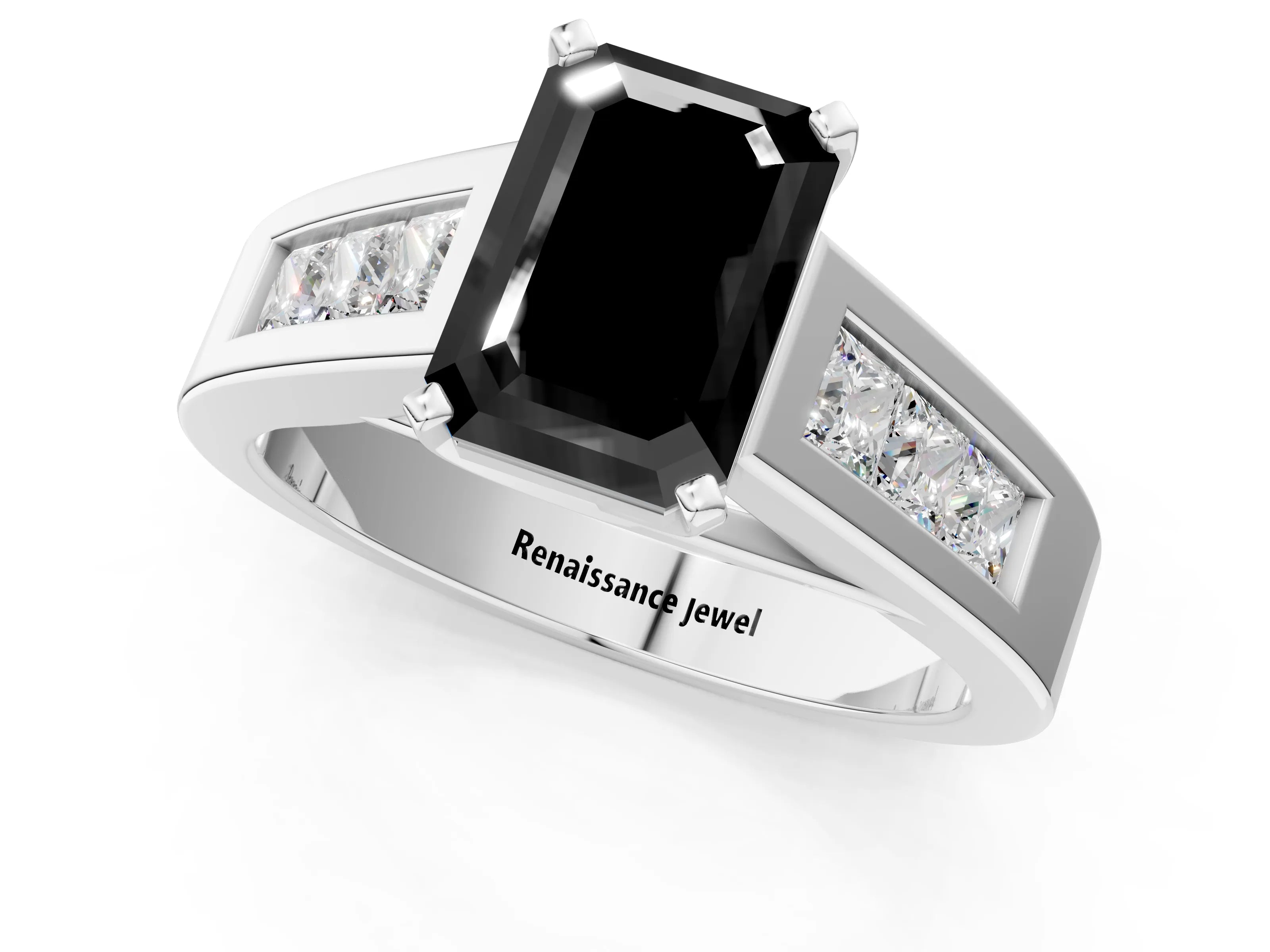 White gold Fancy Black Emerald Cut Cut Channel Set Solitaire Ring with Four-Prong Setting_1