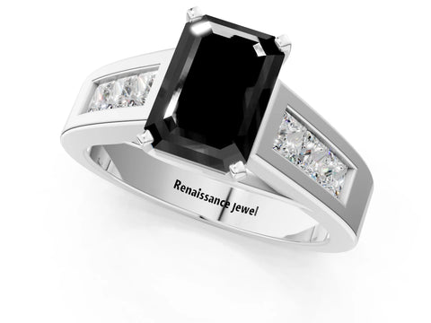 White gold Fancy Black Emerald Cut Cut Channel Set Solitaire Ring with Four-Prong Setting_1