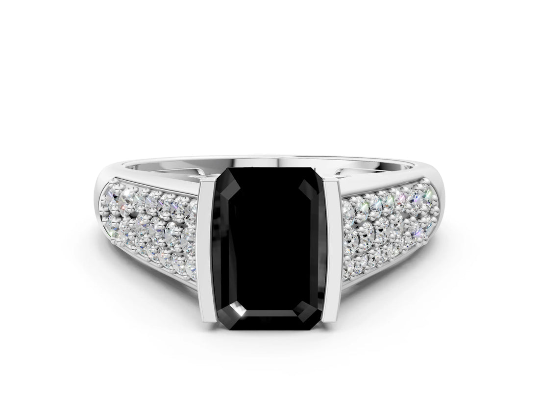White gold Fancy Black Emerald Cut Cut Diamond Channel Set Pave Band with Tension Prong Setting