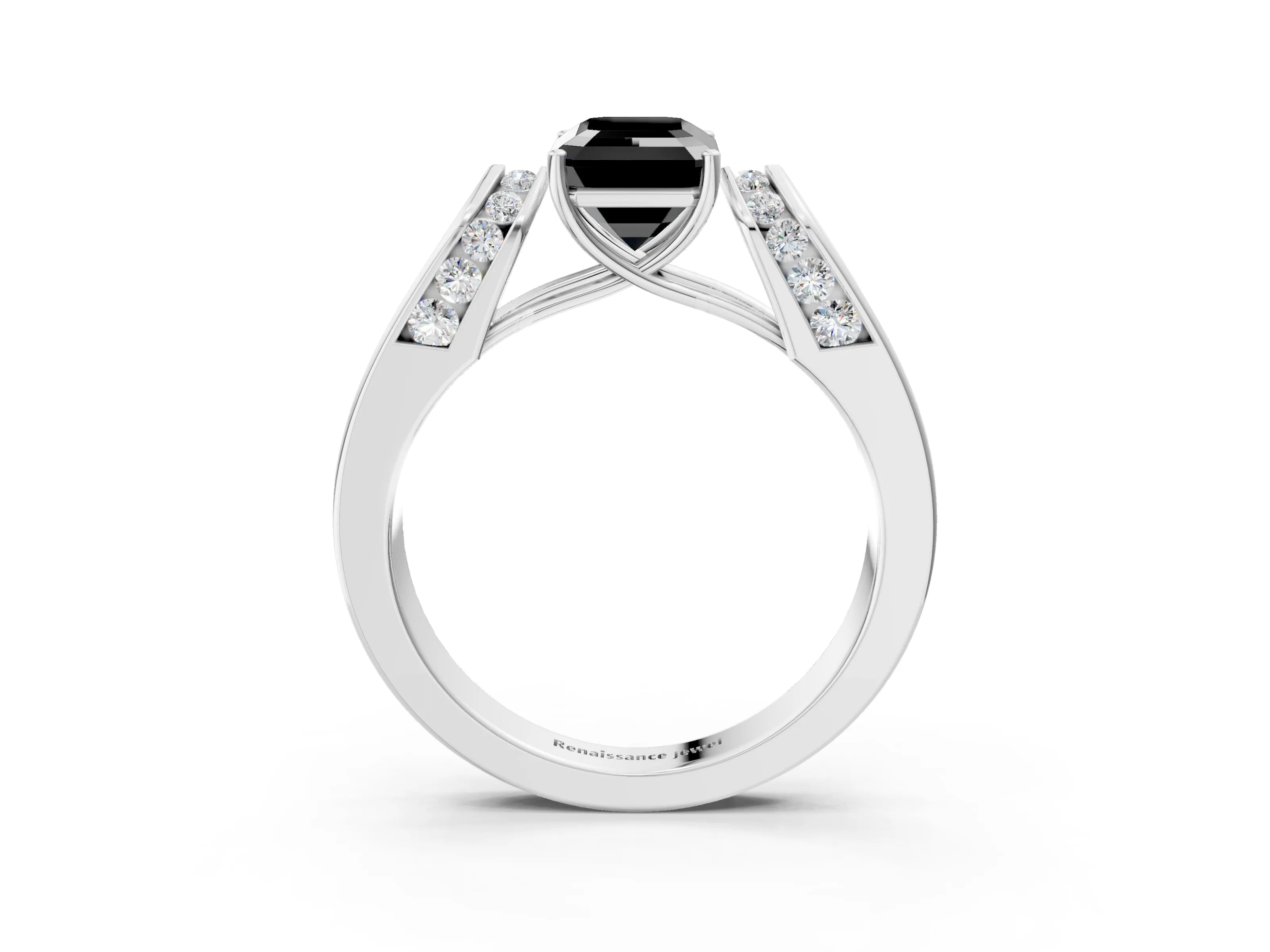 White gold Fancy Black Emerald Cut Cut Diamond Channel Set Solitaire Ring with Four-Prong Setting_3