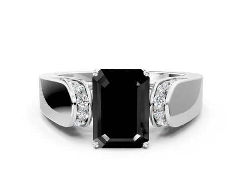 White gold Fancy Black Emerald Cut Cut Diamond Channel Set Solitaire Ring with Four-Prong Setting