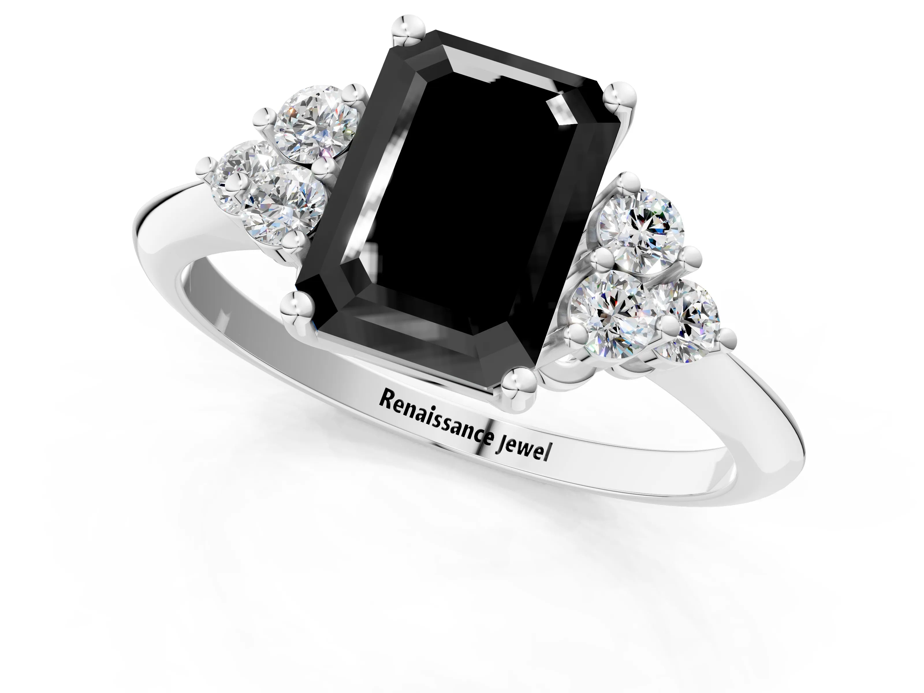 White gold Fancy Black Emerald Cut Cut Diamond Cluster Ring with Solitaire Band and Four-Prong Setting_1