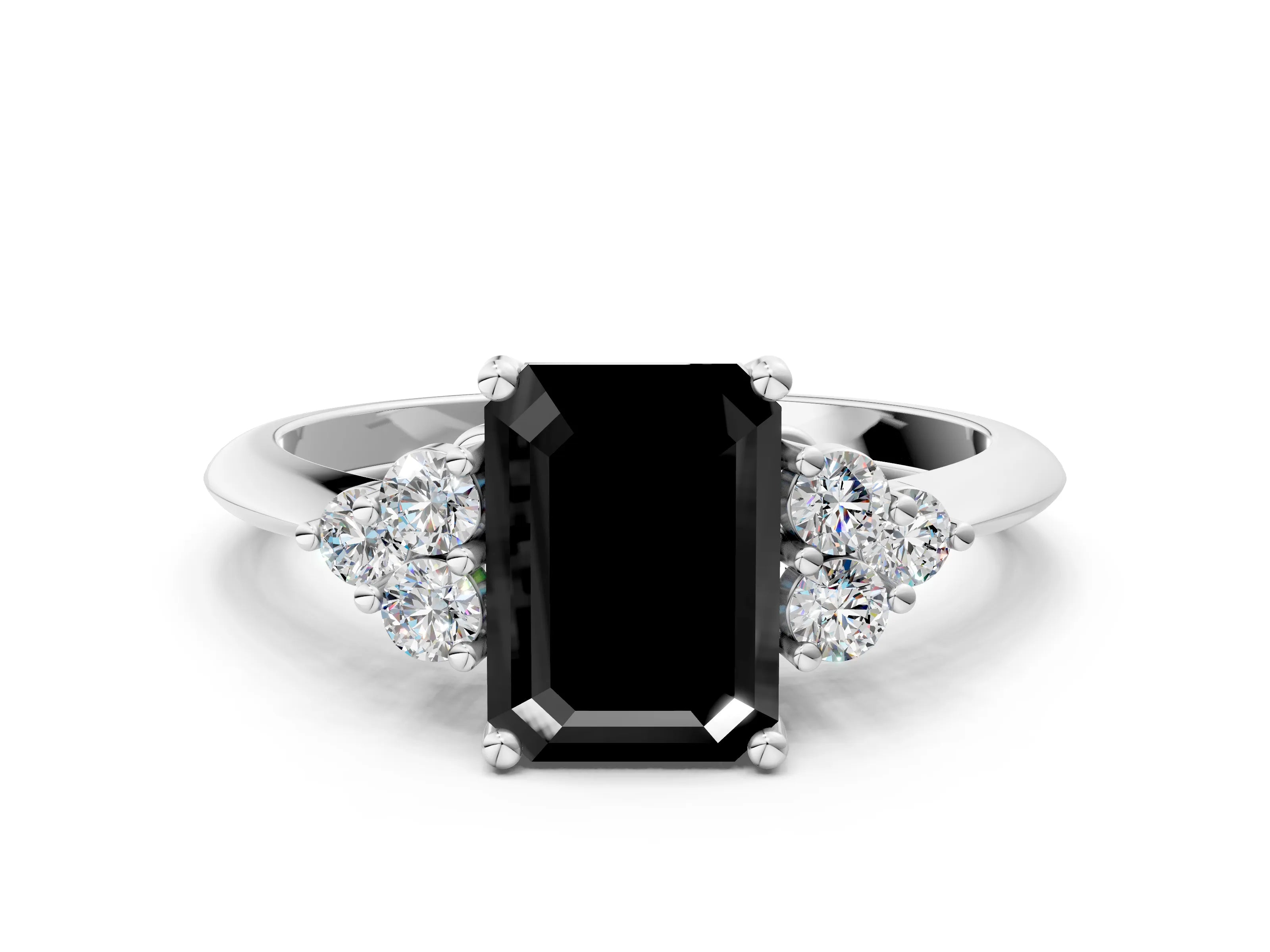 White gold Fancy Black Emerald Cut Cut Diamond Cluster Ring with Solitaire Band and Four-Prong Setting