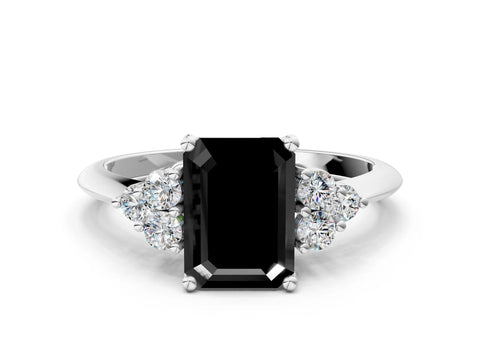White gold Fancy Black Emerald Cut Cut Diamond Cluster Ring with Solitaire Band and Four-Prong Setting
