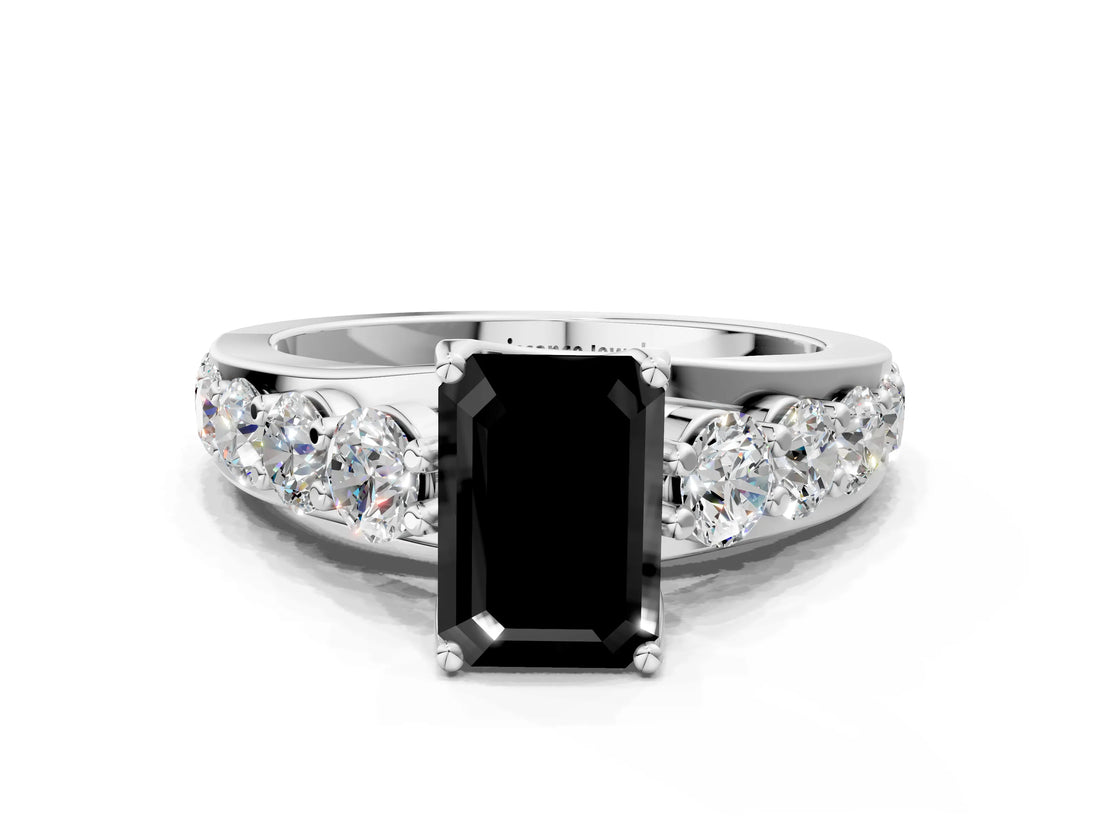 White gold Fancy Black Emerald Cut Cut Diamond Engagement Ring with Pavé Band and Four-Prong Setting