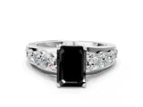 White gold Fancy Black Emerald Cut Cut Diamond Engagement Ring with Pavé Band and Four-Prong Setting