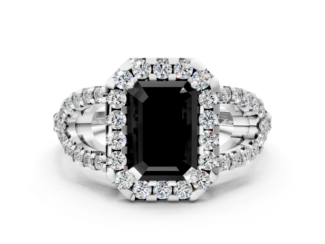White gold Fancy Black Emerald Cut Cut Diamond Halo Engagement Ring with Open Split Pavé Band