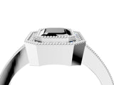 White gold Fancy Black Emerald Cut-Cut Diamond Halo Engagement Ring with Pave Band and Prong Setting_4