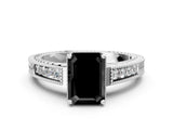 White gold Fancy Black Emerald Cut Cut Diamond Milgrain Pave Band Four-Prong Setting Ring_51