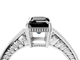 White gold Fancy Black Emerald Cut Cut Diamond Milgrain Pave Band Four-Prong Setting Ring_55