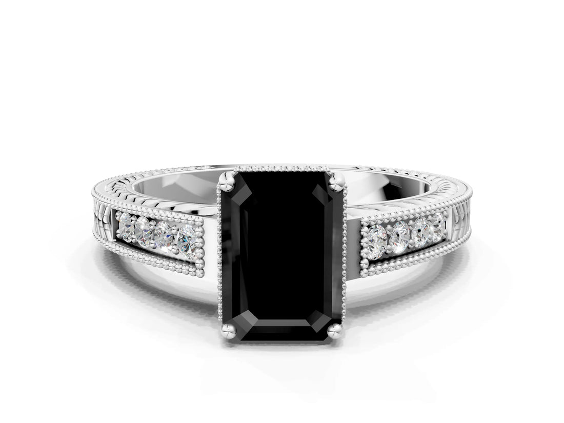 White gold Fancy Black Emerald Cut Cut Diamond Milgrain Pave Band Four-Prong Setting Ring_57