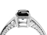 White gold Fancy Black Emerald Cut Cut Diamond Milgrain Pave Band Four-Prong Setting Ring_61