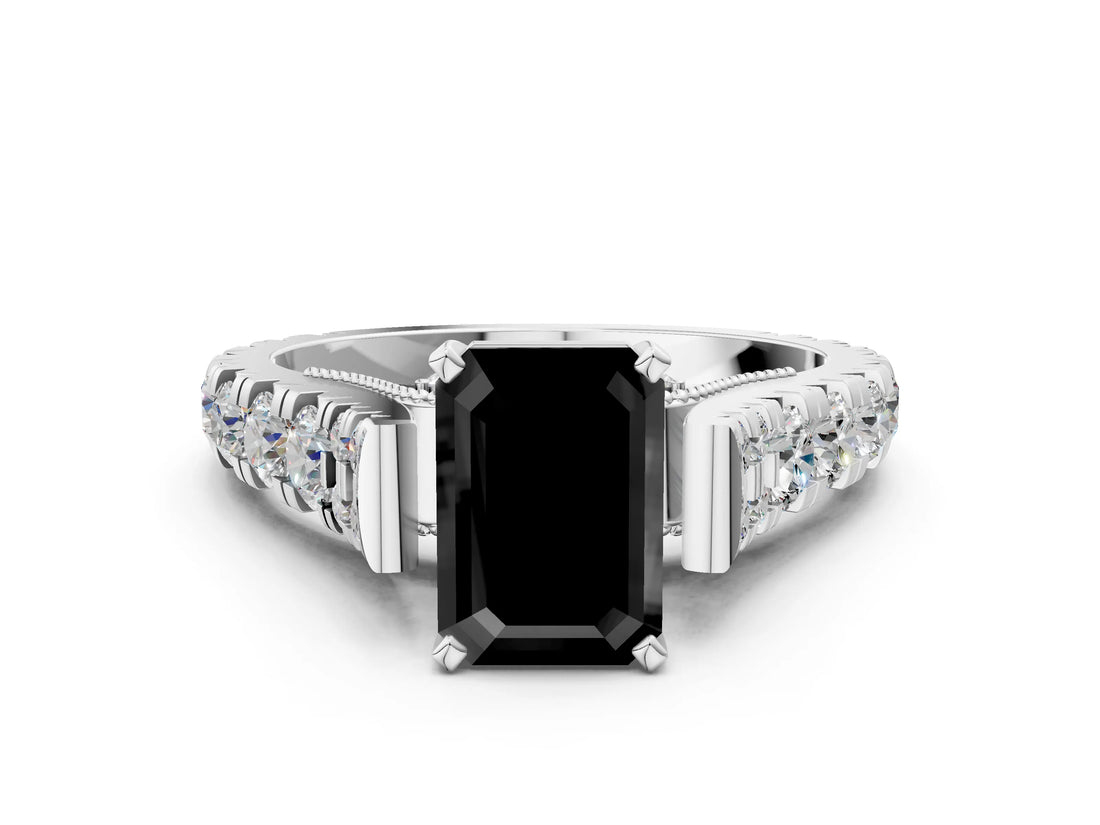 White gold Fancy Black Emerald Cut Cut Diamond Pavé Band Solitaire with Four-Prong Setting
