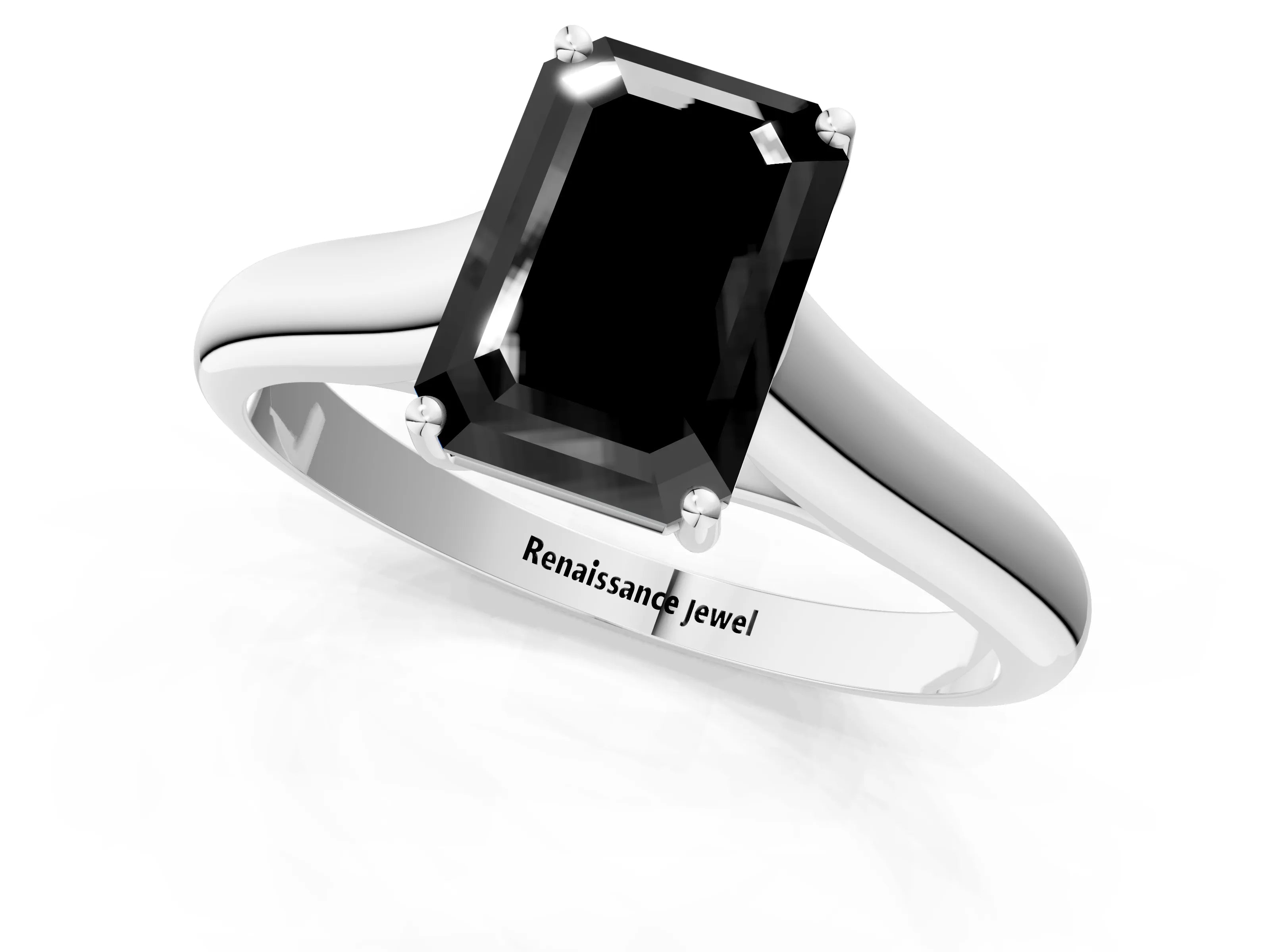 White gold Fancy Black Emerald Cut Cut Diamond Solitaire Engagement Ring with Tapered Plain Band and Four-Prong Setting_13