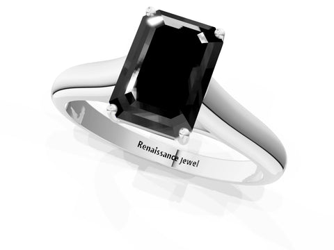 White gold Fancy Black Emerald Cut Cut Diamond Solitaire Engagement Ring with Tapered Plain Band and Four-Prong Setting_1