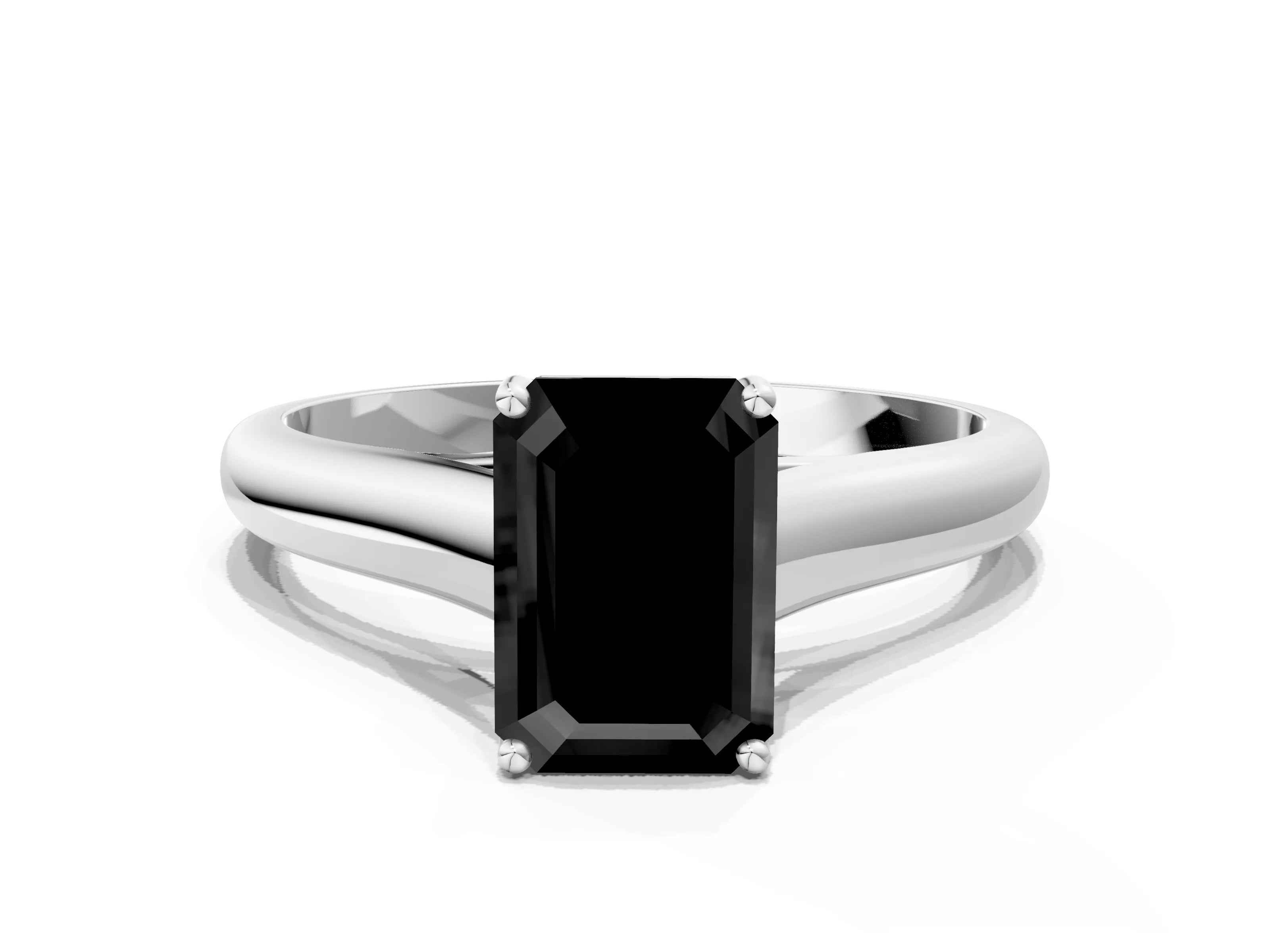White gold Fancy Black Emerald Cut Cut Diamond Solitaire Engagement Ring with Tapered Plain Band and Four-Prong Setting