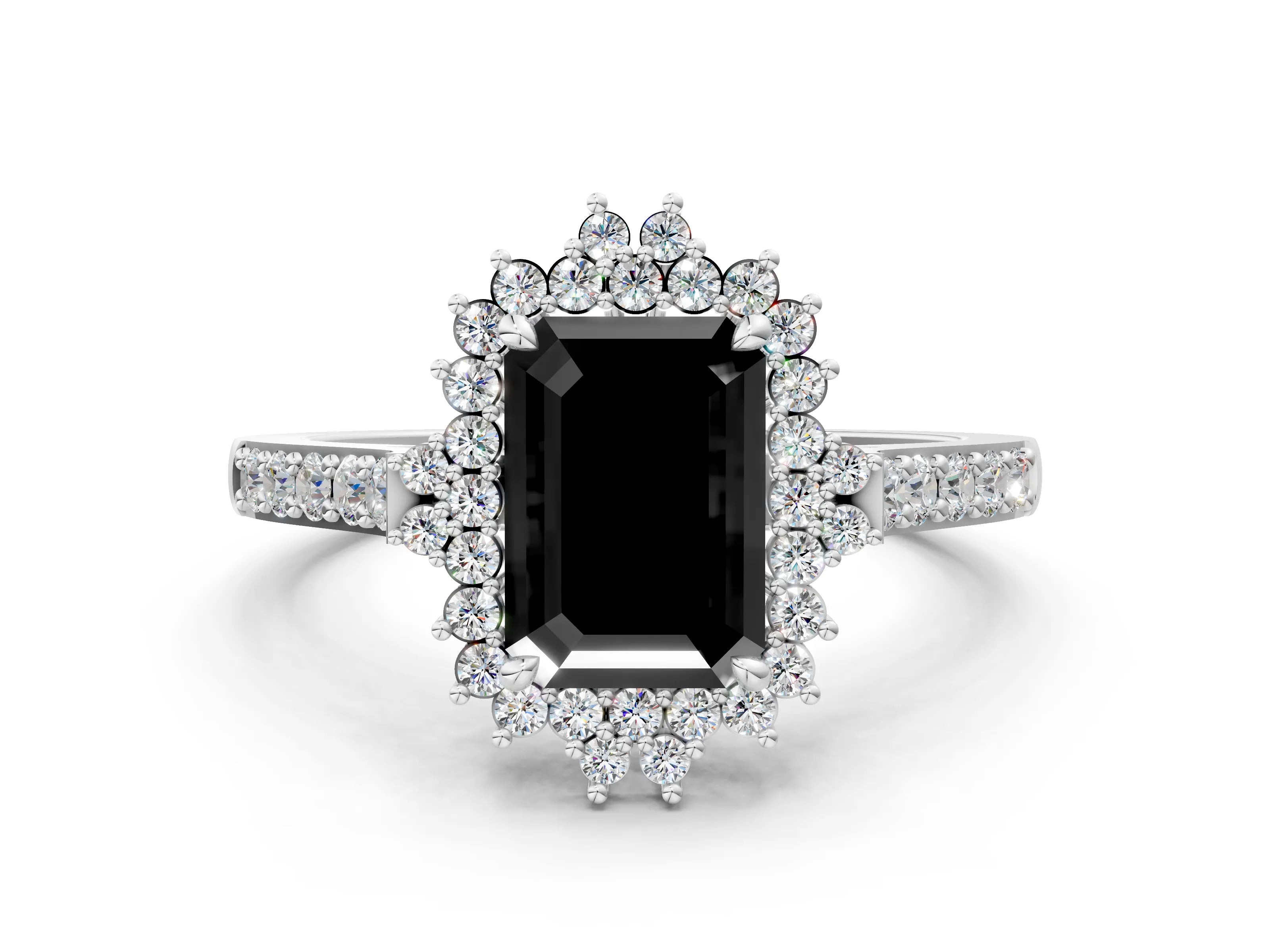 White gold Fancy Black Emerald Cut Cut Diamond Sunburst Halo Engagement Ring with Pavé Band