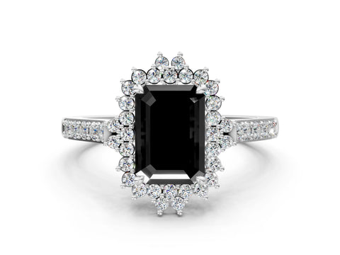 White gold Fancy Black Emerald Cut Cut Diamond Sunburst Halo Engagement Ring with Pavé Band