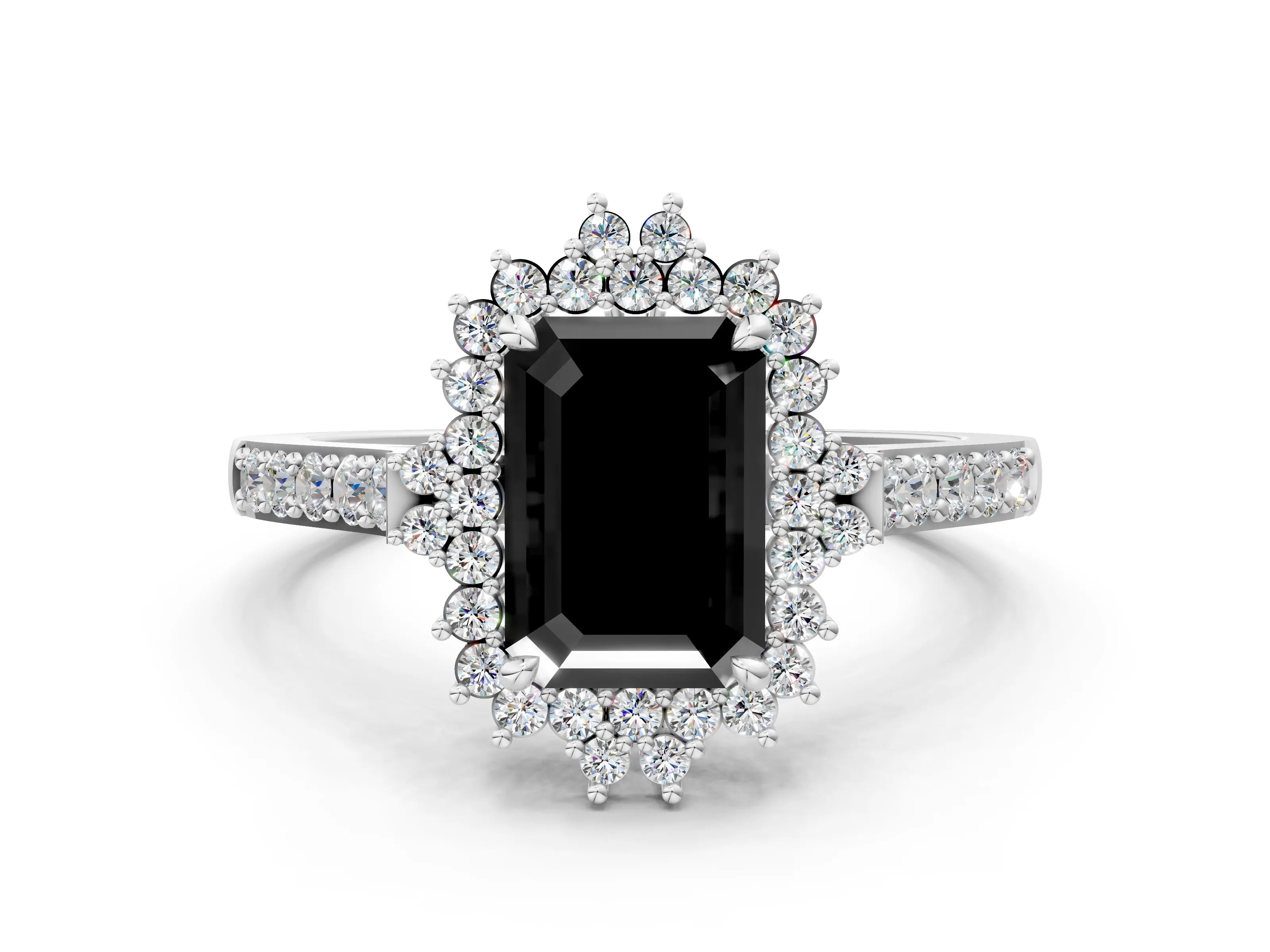 White gold Fancy Black Emerald Cut Cut Diamond Sunburst Halo Engagement Ring with Pavé Band_12