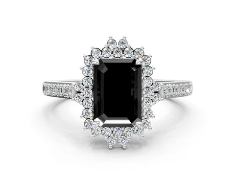 White gold Fancy Black Emerald Cut Cut Diamond Sunburst Halo Engagement Ring with Pavé Band_12