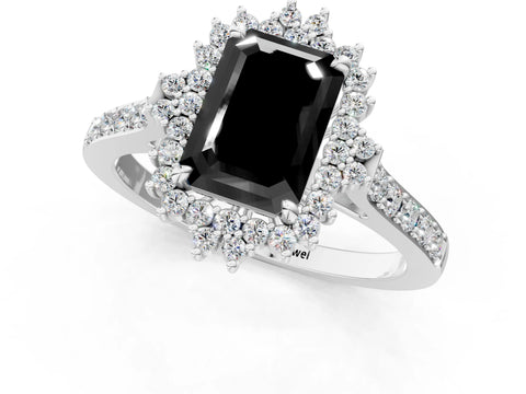 White gold Fancy Black Emerald Cut Cut Diamond Sunburst Halo Engagement Ring with Pavé Band_13