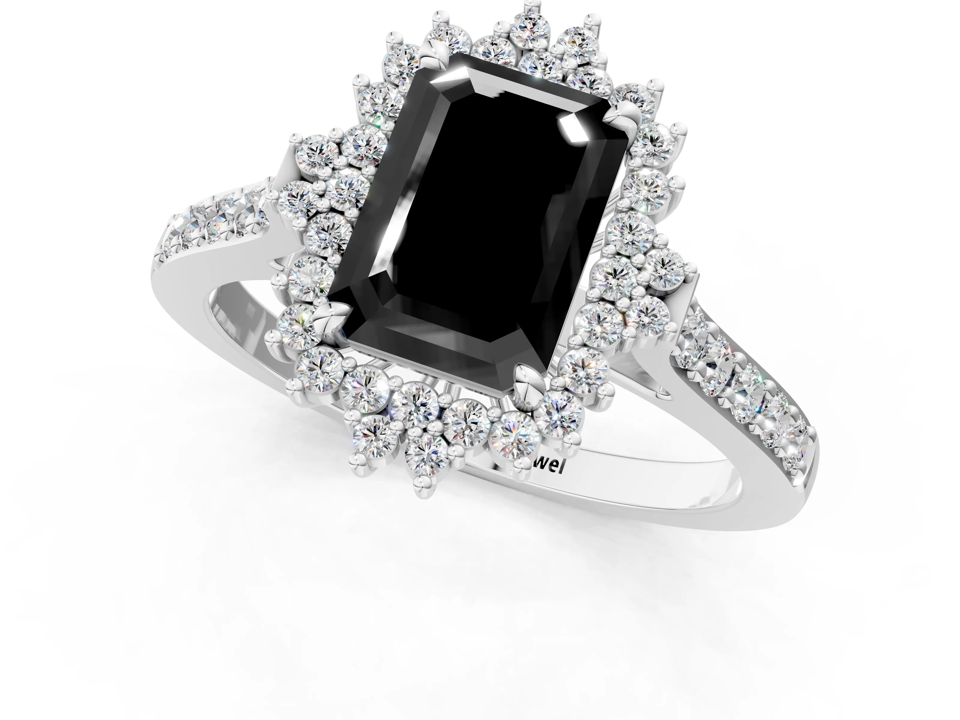 White gold Fancy Black Emerald Cut Cut Diamond Sunburst Halo Engagement Ring with Pavé Band_13